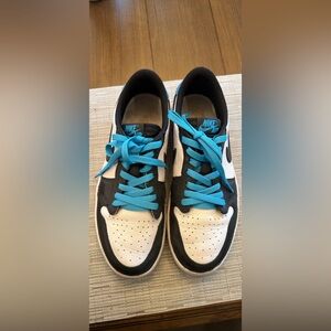Nike Air Jordan 1’s Low-Top Sneakers in Black, White & Bright Blue